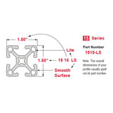1515-LS - 1.5” X 1.5” Lite Smooth Surface T-Slotted Profile - Four Open T-Slots