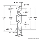 3075 - 3.00” X .75” Smooth Surface T-Slotted Profile - Two Adjacent Open T-Slots