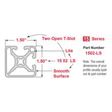 1502-LS - 1.5” X 1.5" Lite Smooth Surface T-Slotted Profile - Two Adjacent Open T-Slots