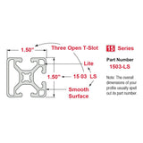 1503-LS - 1.5” X 1.5” Lite Smooth Surface T-Slotted Profile - Three Adjacent Open T-Slots