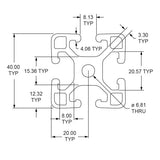 40-4040-Lite- 40mm X 40mm Lite T-Slotted Profile - Four Open T-Slots