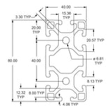 40-4080-Lite - 40mm X 80mm Lite T-Slotted Profile - Six Open T-Slots